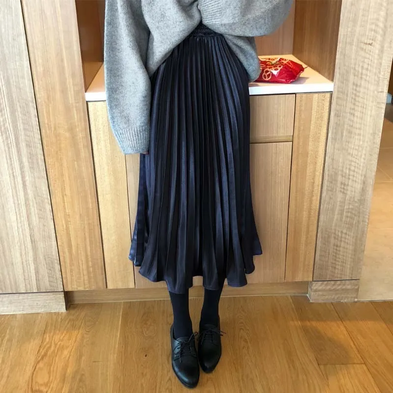 Fashion skirts for womens autumn winter high waist metallic pleated female mid length wavy a line Office Lady 210420