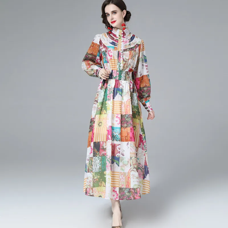 Women's Runway Dress Stand Collar Long Sleeves Printed Hollow Out Elegant Fashion High Street Dresses Vestidos