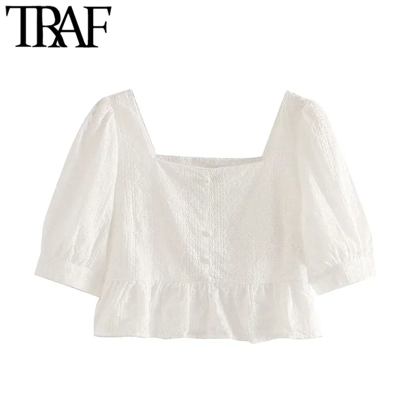 Traf Women Sweet Fashion Embroidery Ruffled Cropped Bluses Vintage Puff Sleeve Back Elastic Female Shirts Chic Tops 210415
