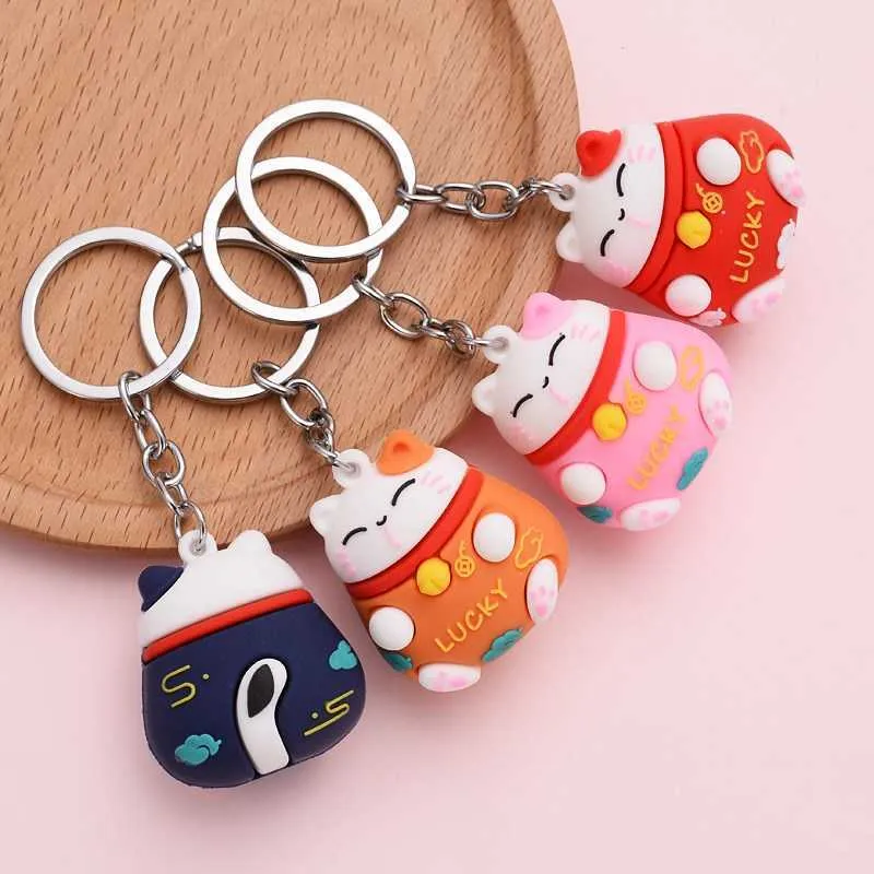4pcs Cartoon Japan Lucky Cat Keychain Maneki Neko Trinkets Car Phone Accessory Bag Pendant Good Luck Fortune Wealth Porte Clef G1019