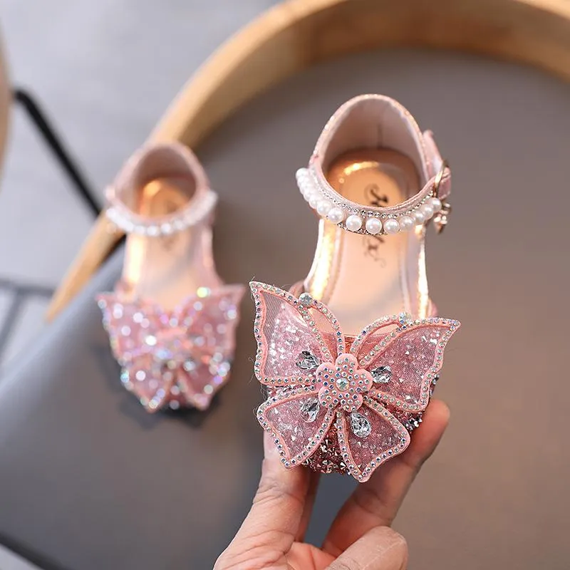 Sandalias Princesa Niños Zapatos de cuero para niñas Flor Casual Brillo Niños Tacón alto Nudo de mariposa Azul Rosa Plata