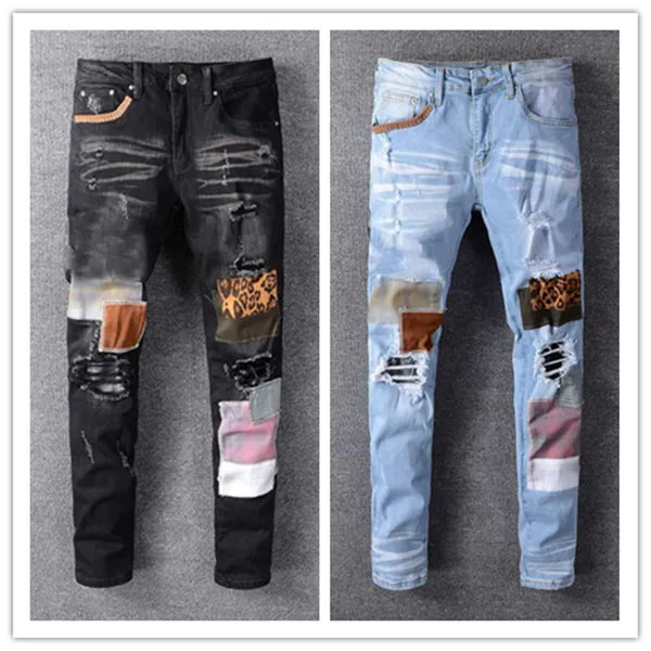 Designer Winter Mens Jeans Fashion Black Byxor Blå Tight-passande Ripped Elastic Slim-Fit Högkvalitativa Byxor Med Hål Storlek W28-W40