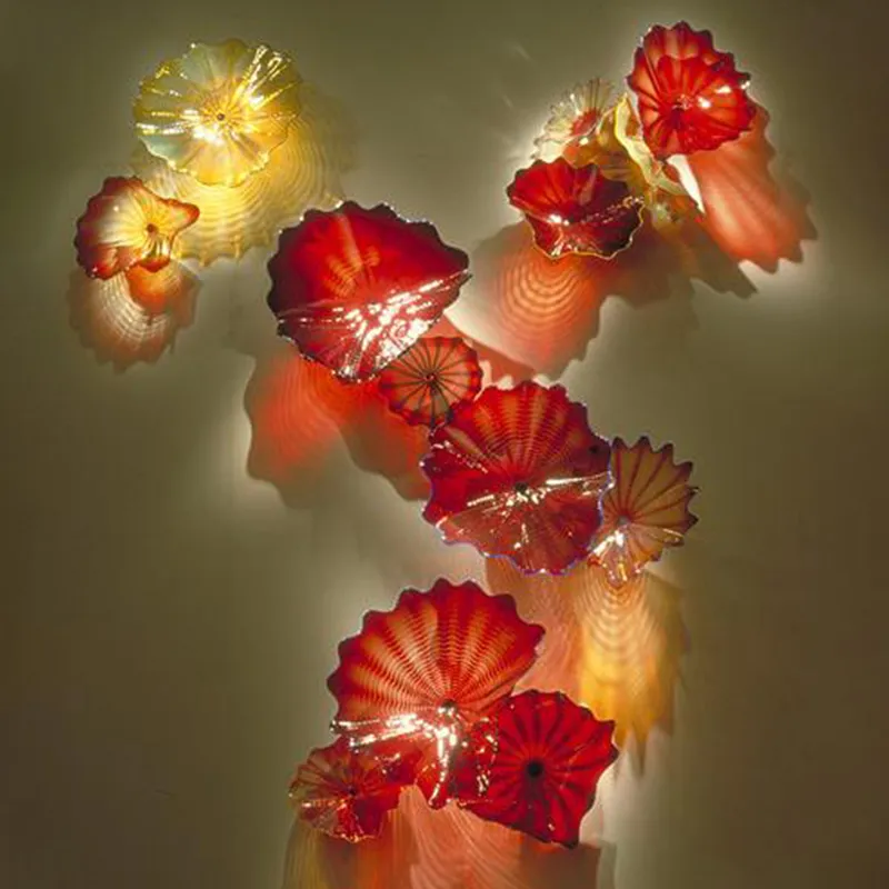 Luxury Abstract Wall Lamp Red Amber Color Hand Blown Murano Glass Plates for Wall-Hanging Diameter 15 to 45 CM Living Room Art Decoration