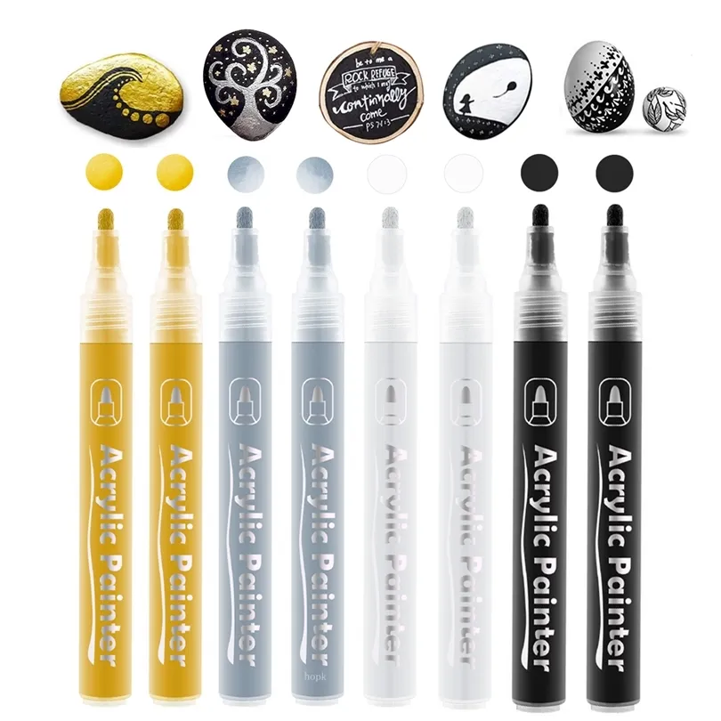 8Pack/set Black White Acrylic Paint Markers Pens for Rock Painting Stone Canvas Glass Metallic Ceramic Paper Drawing Water-Based 211104