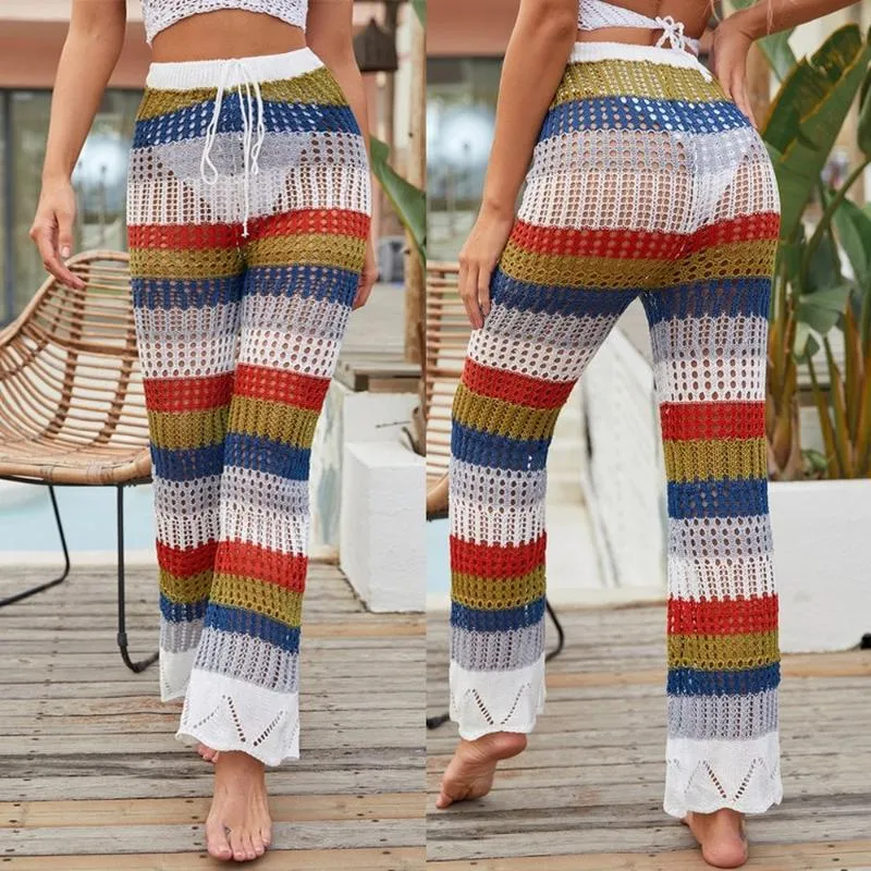 Kvinnors badkläder Sexig strandöverdrag för kvinnor Beachwear Bottoms Crochet Hollow Stickade Byxor Casual Fashion Rainbow Färgbyxor