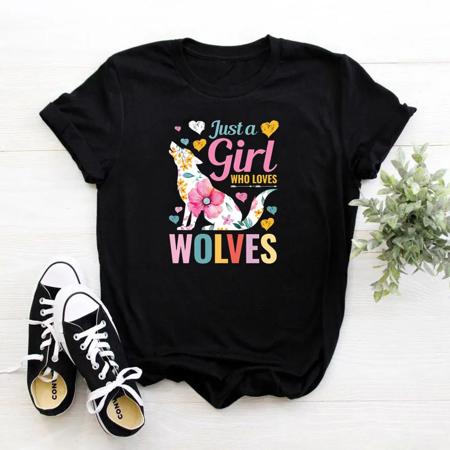Juste fille qui aime les loups T-shirt femmes loup graphiques Camiseta Mujer Fcasual coton femmes chemises Harajuku T-shirt femmes 210522