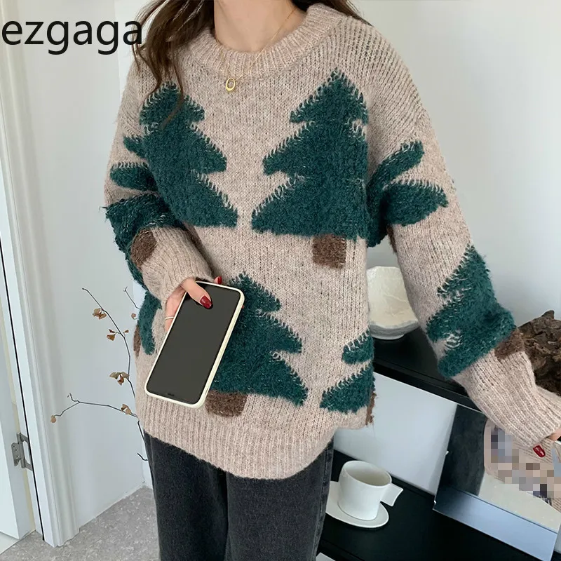 Ezgaga Pine Tree Sweater Jumper Women Korean Loose Outwear O-Neck Warm Thick Knitted Pullover Chic Warm Soft Streetwear Casual 210430