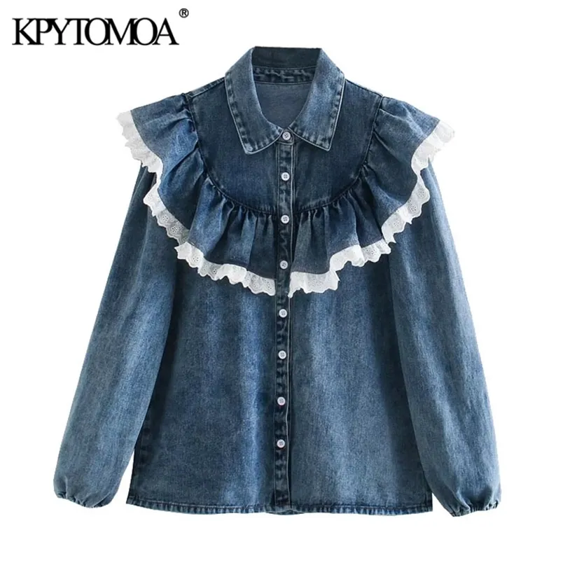 Women Fashion Patchwork Ruffled Denim Blouses Long Sleeve Button-up Female Shirts Blusas Chic Tops 210420