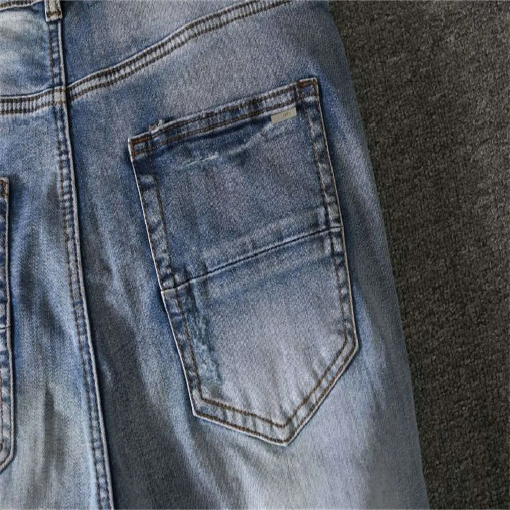 Men`s jeans color stickers, holes, frosting, casual fit, slim trend
