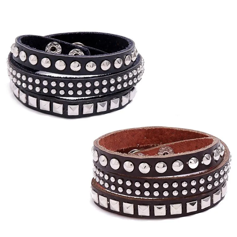 Tennis Fashion Black/Brown Thin Genuine Leather Bracelets Round/Square Rivets Single Long Bangles Multi Rolls Wristbands