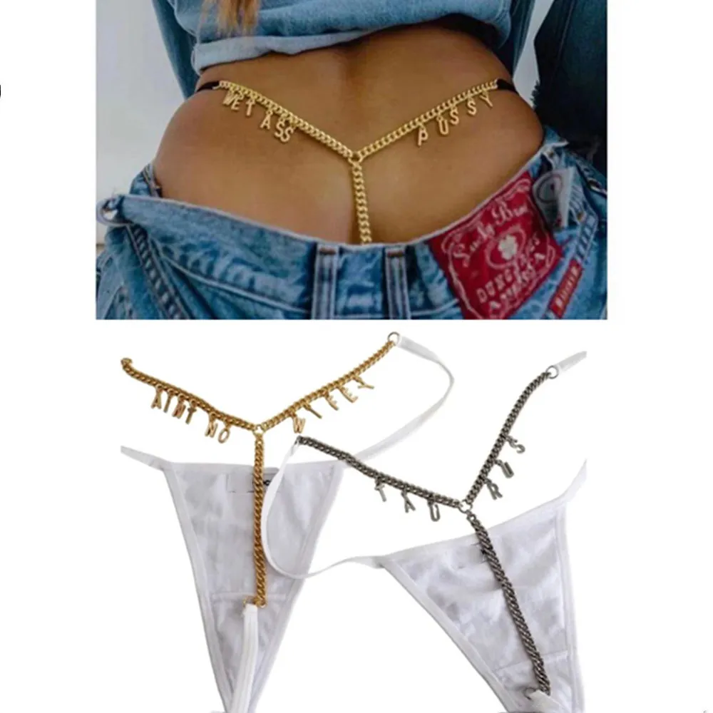 2021 DIY Rhinestone Letters Rostfritt Stål Midja Kedja Elasticitet Panties Thong Body Smycken Sexiga Underkläder för Kvinnor Nattklubb