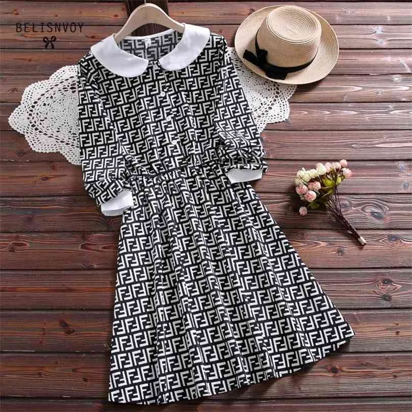 Japanska Mori Girl Höst Vår Kvinnor Klänningar Peter Pan Collar Elegant Kawaii Vestidos Färg Patchwork Corduroy Vintage Dress 210520