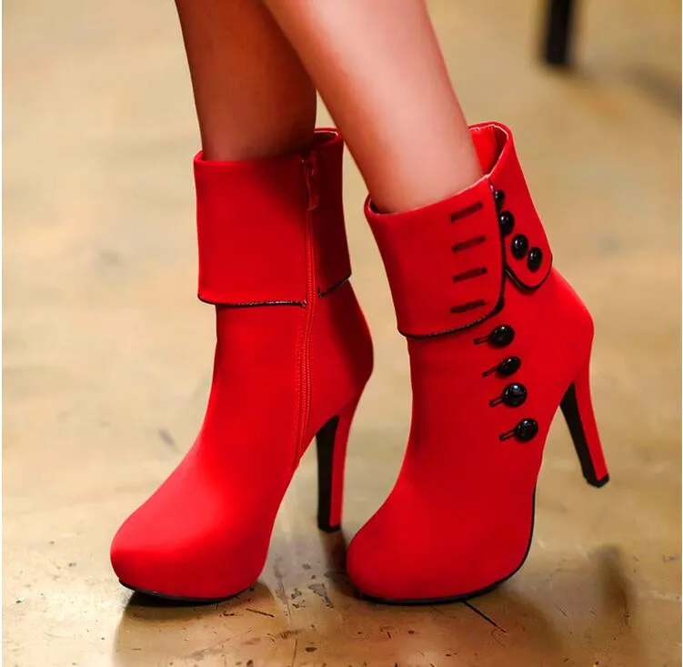 Autumn Fashion 2 Colors Korea Designer Shoes High Heels med Button Fashion Women's Winter Red Kne High Long Boots Lägg till Plush NXZ64