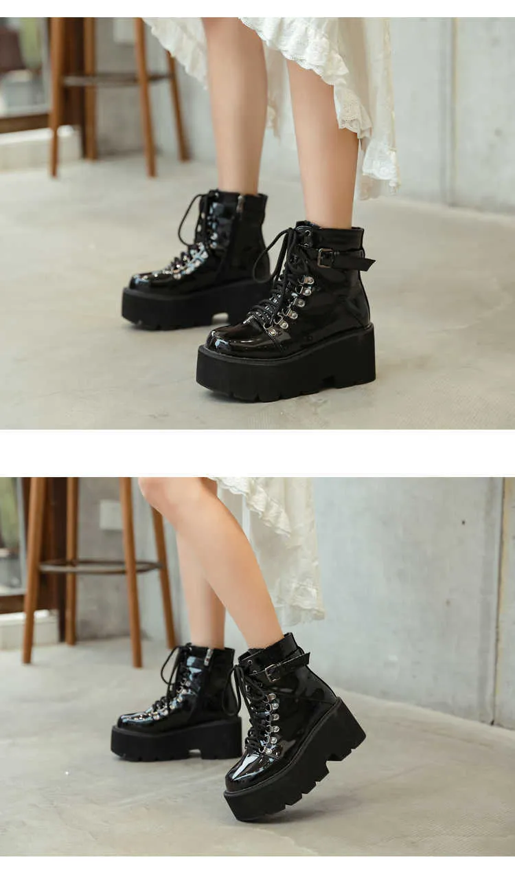 Gothic Black Leather Chunky Heel Platform Platform Boots Women For
