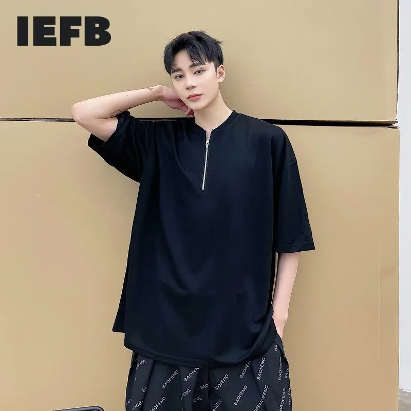 IEFB Fashion Korean Trend V-Neck Zipper Design Enkelt temperament Loose Short Sleeve T-shirt Svart Casual Tee Toppar 7047 210524