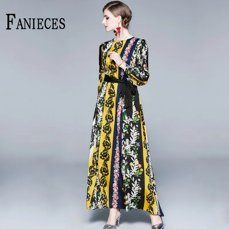 Autumn Women Runway Dresses Vintage Floral Printed Elegant Long sleeve Casual Dress Swing Ankle-length Vestidos robe femme 210520