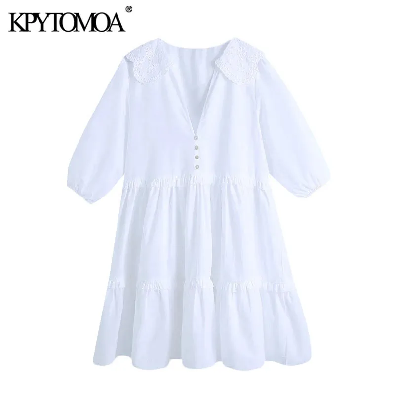 Women Sweet Fashion Cutwork Embroidery White Mini Dress Vintage Short Sleeve Ruffled Female Dresses Vestidos Mujer 210416