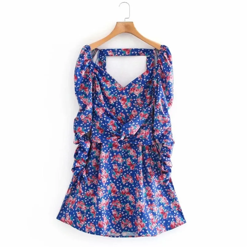 Verano mujeres sexy mini vestido de manga larga sin espalda con cuello en v profundo estampado floral es mujer calle moda vestidos 210513