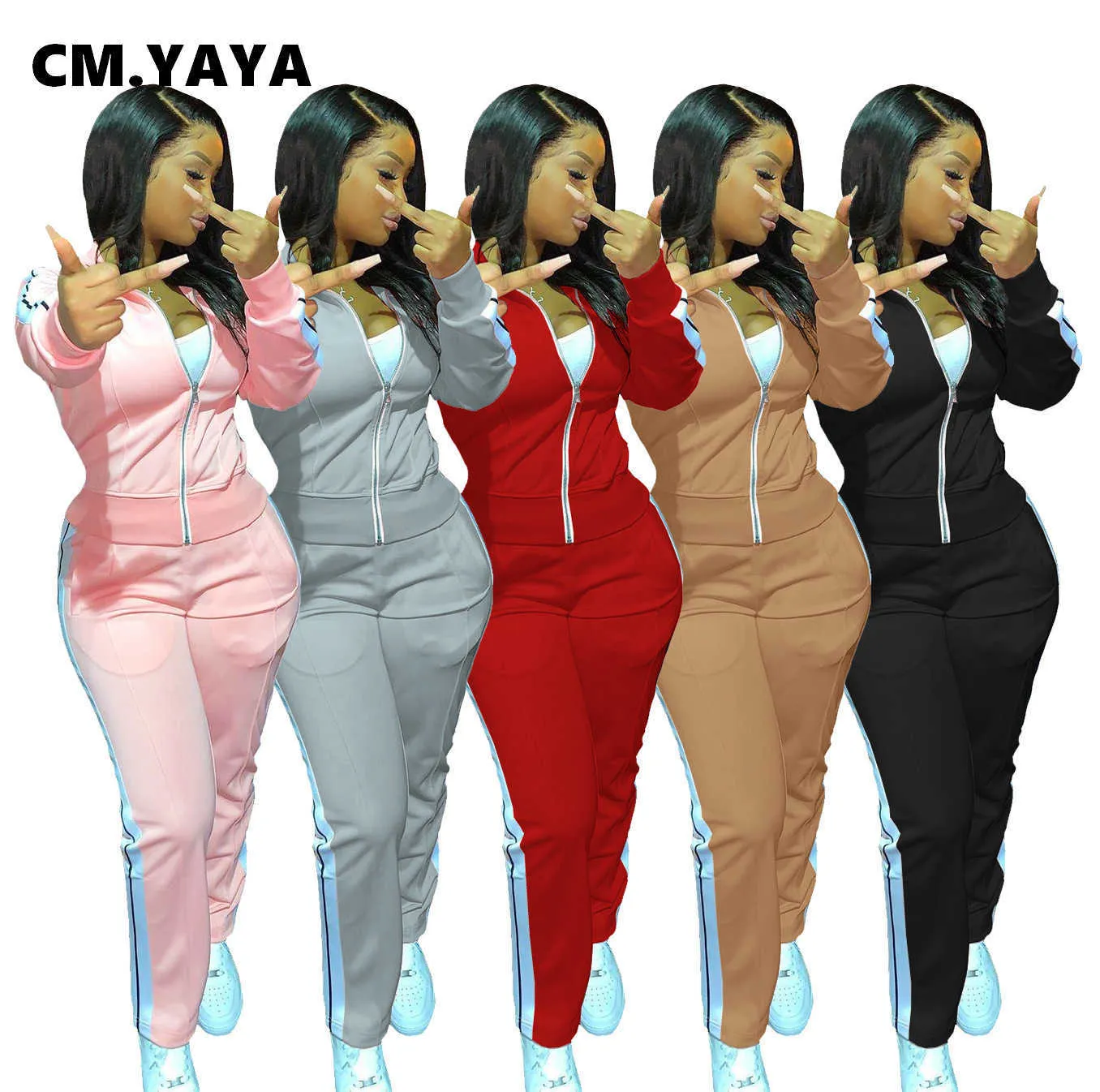 CM.YAYA Active Stripe Patchwork Sweatsuit Dos Conjunto de 2 piezas para mujeres Winter Fitness Outfit Chaqueta con capucha + Pantalones Jogger Chándal Y0625