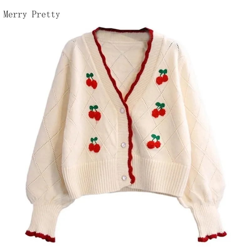 Cherry Haft Koreańscy Kobiety Krótkie Dzianiny Pullover Swetry Lato Z Długim Rękawem V-Neck Casual Sweet Style Girly Crop Top 211007