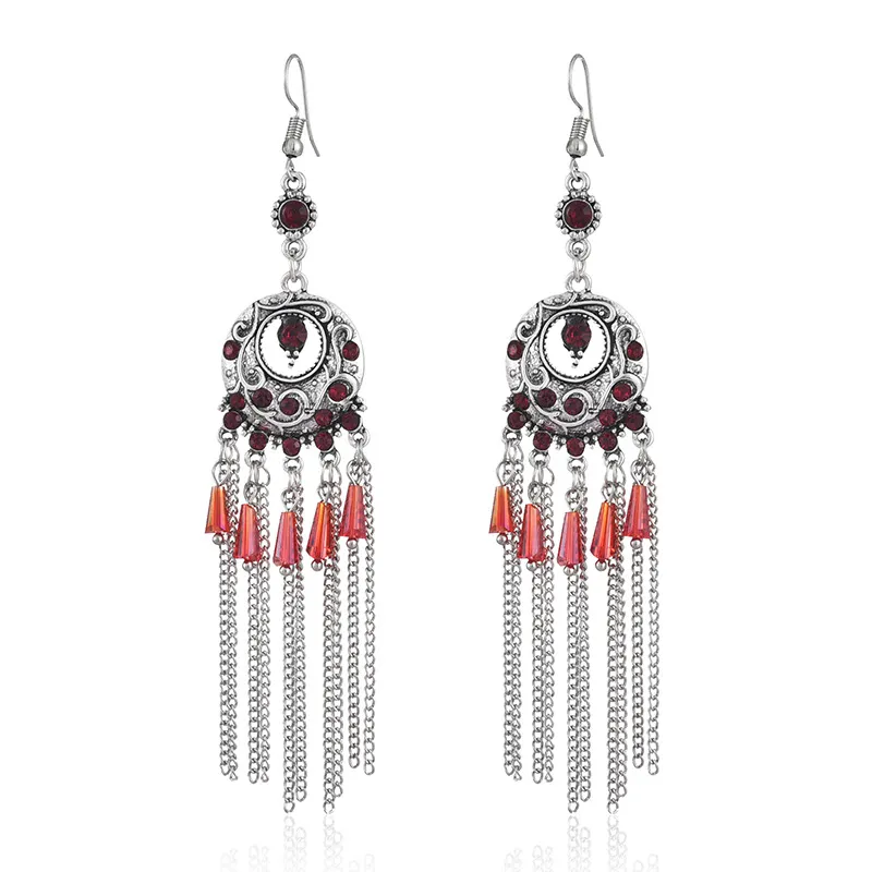 Vintage geométrico redondo oco retro brinco indiano mulheres crystal grânulos longos elegante cadeia borla brincos bijoux