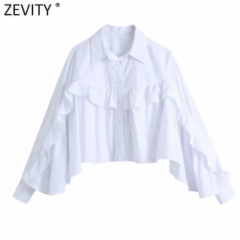 Zevity Women Fashion Cascading Ruffle Vit Smock Blus Kontor Lady Breasted Poplin Chic T Shirts Business Femininas Tops LS9006 210603