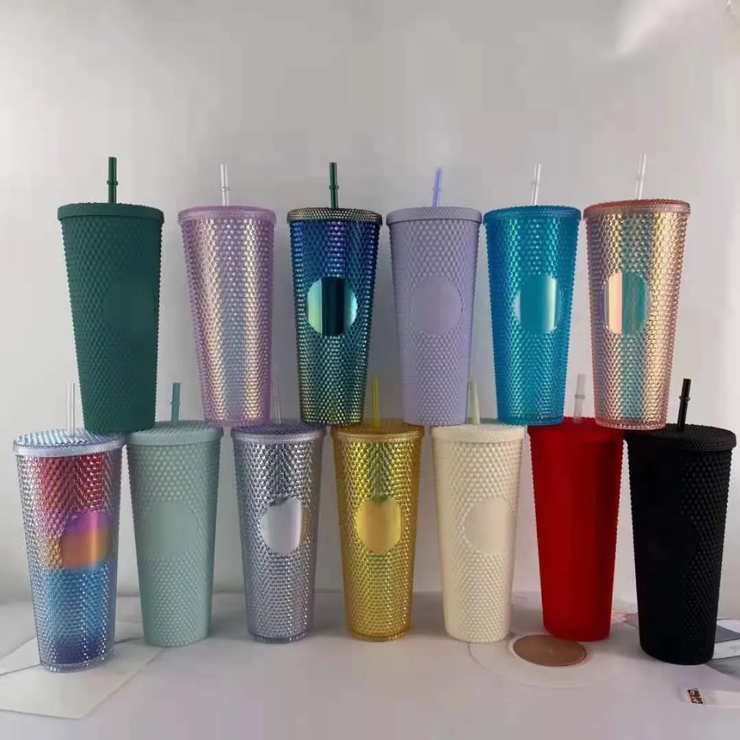 24 OZ Çivili Bardaklar Yanardöner Bling Gökkuşağı Unicorn Çift Duvar Tumblers Kahve Kupa Soğuk Kupası Tumbler YFA3112