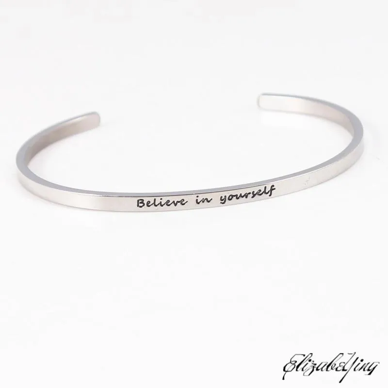 Roestvrijstalen liefde manchet armbanden armbanden geloven in jezelf voor vrouwen sieraden handafdruk mantra armband bangle