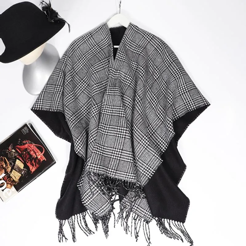 Sciarpe Moda Plaid Donna Inverno Caldo Poncho Avvolgere Mantelle di cashmere lavorato a maglia Cardigan con scialle Mantello Elegante Sciarpa a doppio lato Capispalla