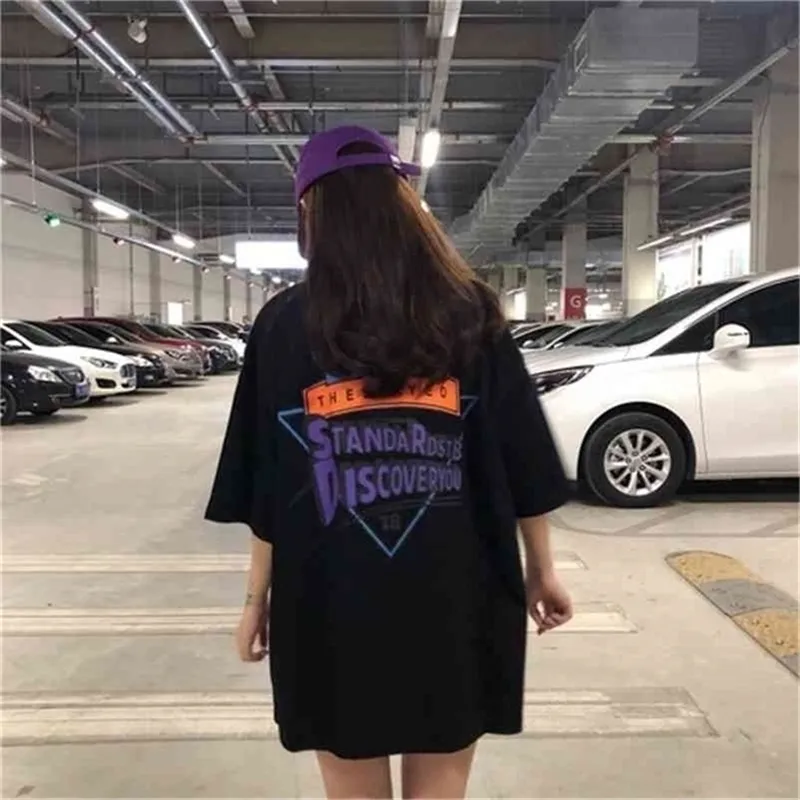 Kore Ulzzang Chic Grafik Baskılı Eski Okul Tarzı Boy Tüm Maç Kadın Tee Tops Kız T-Shirt 210406