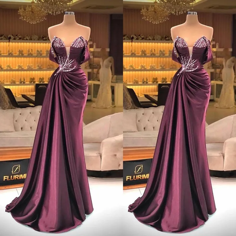 Robe de soirée sirène bordeaux foncé plis perlés robes de bal chérie cou robes de soirée sur mesure