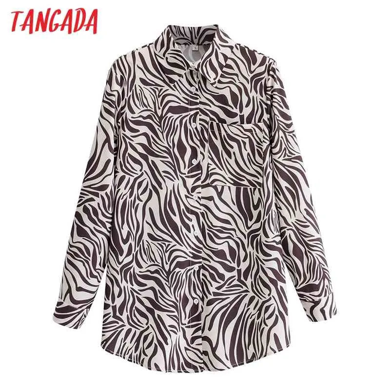 Kobiety Retro Oversized Animal Print Bluzka z długim rękawem kieszonkowy Kobieta Casual Chic Luźna koszulka Topy 2F110 210416