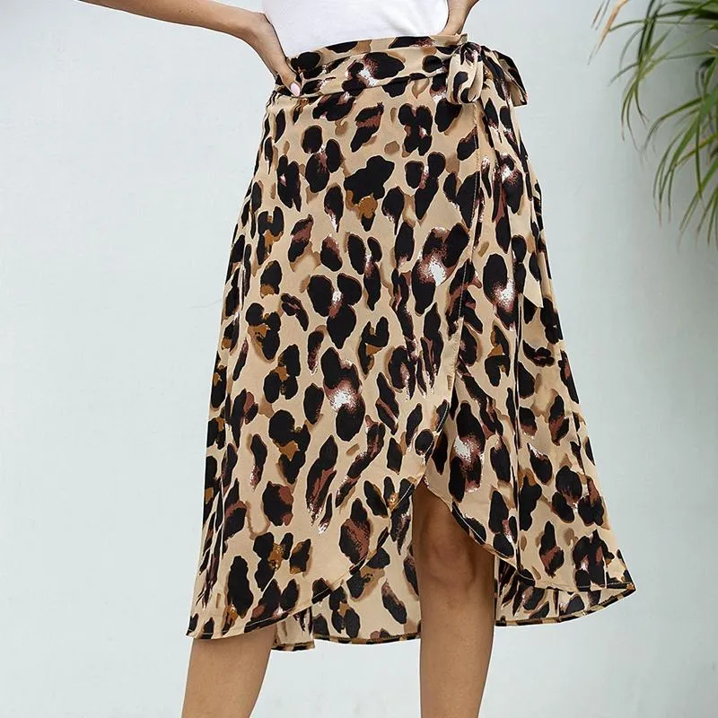 Skirts Women Chiffon Leopard Print Skirt High Waisted Bandage Long Sexy Split Streetwear M Size Brown