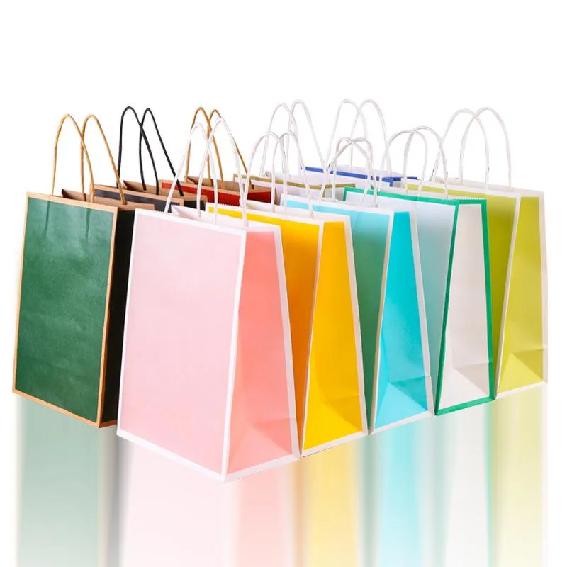 Present Wrap 10st Lot Color Kraft Paper Bag With Handtag 21x27x11cm Festival Högkvalitativa shoppingväskor
