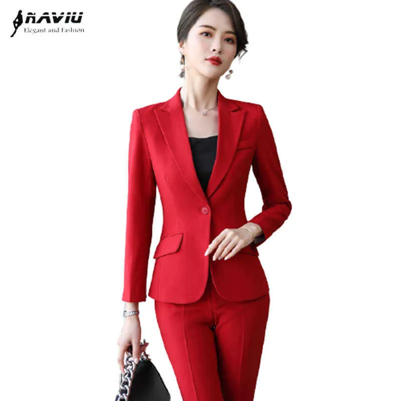 Красный костюм весна осень деловой темперамент высокого класса с длинным рукавом тонкий блейзер и брюки офисные дамы рабочая одежда 210604