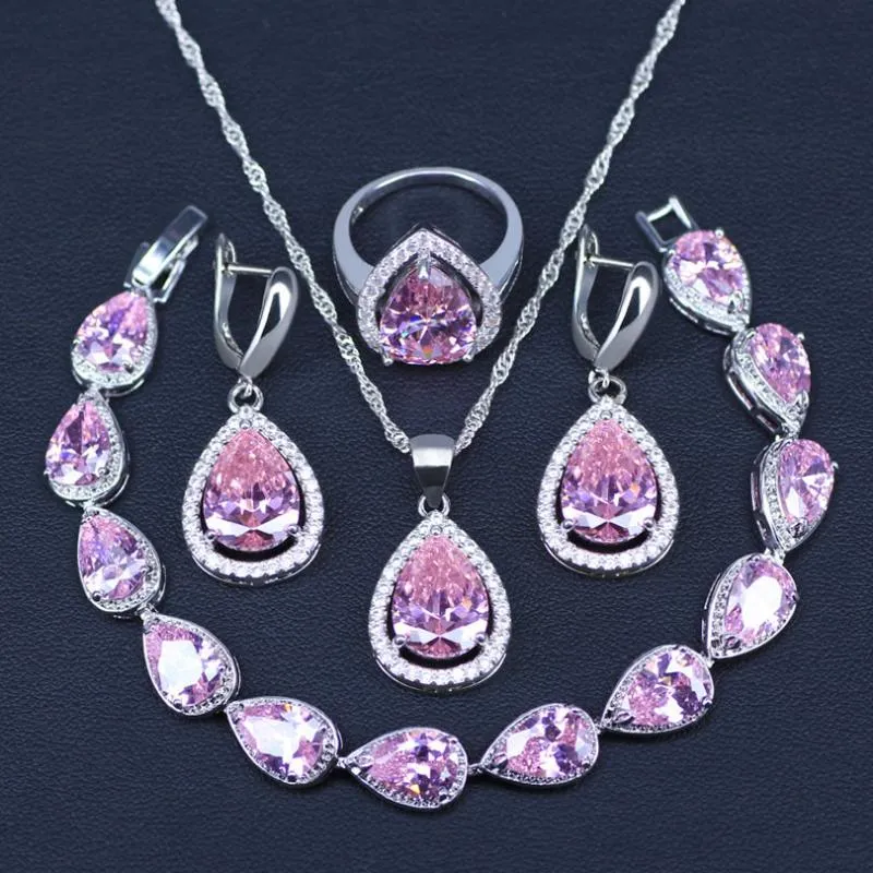 Brincos colar Promoção rosa cúbico zircão gota de água cor prata jóias conjunto de anel pulseira