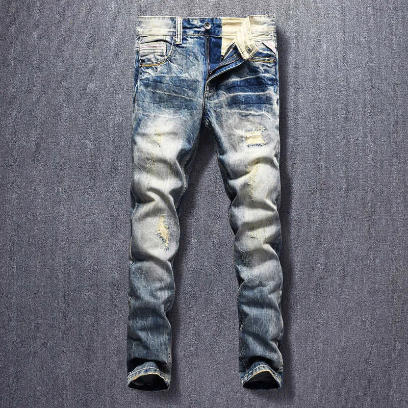 Italienskt vintagemode herrjeans högkvalitativt retro lapptäcke Slim Fit Ripped jeansbyxor Streetwear Hip Hop designerbyxor