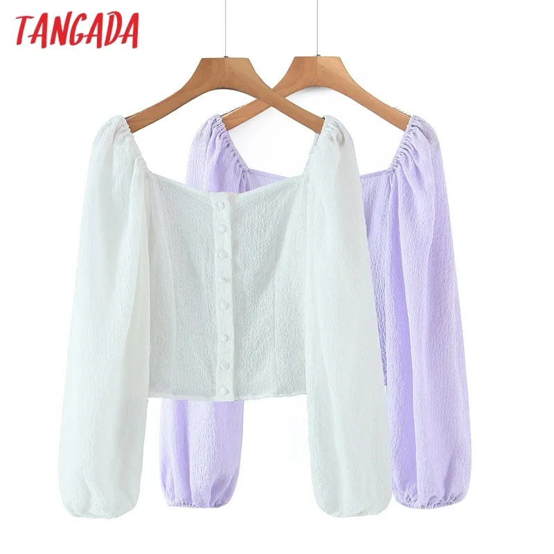 Women Retro Purple Crop Romantic Blouse Long Sleeve Chic Female Shirt Tops 8H77 210416