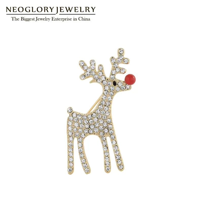 Pins, Brooches Neoglory White Santa Elk Animal For Women Lovely Gold Color Christmas Deer Coat Pins Accessories Xmas Gift 2021