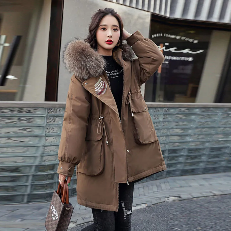 Designers Winter Down Padded Jacket Women Mid Length Fashion Big fur Collar Parka Plush Liner Winter Embroidered Coat Warm Outw