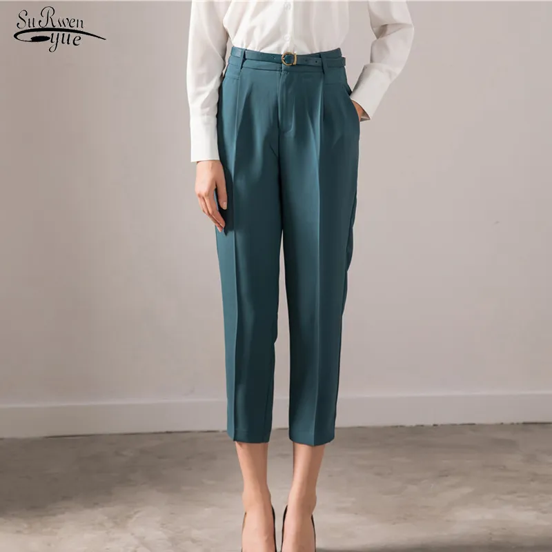 Pantalon crayon taille haute automne femme longueur cheville avec ceinture décontractée pantalon de poche solide bleu dames 11719 210508