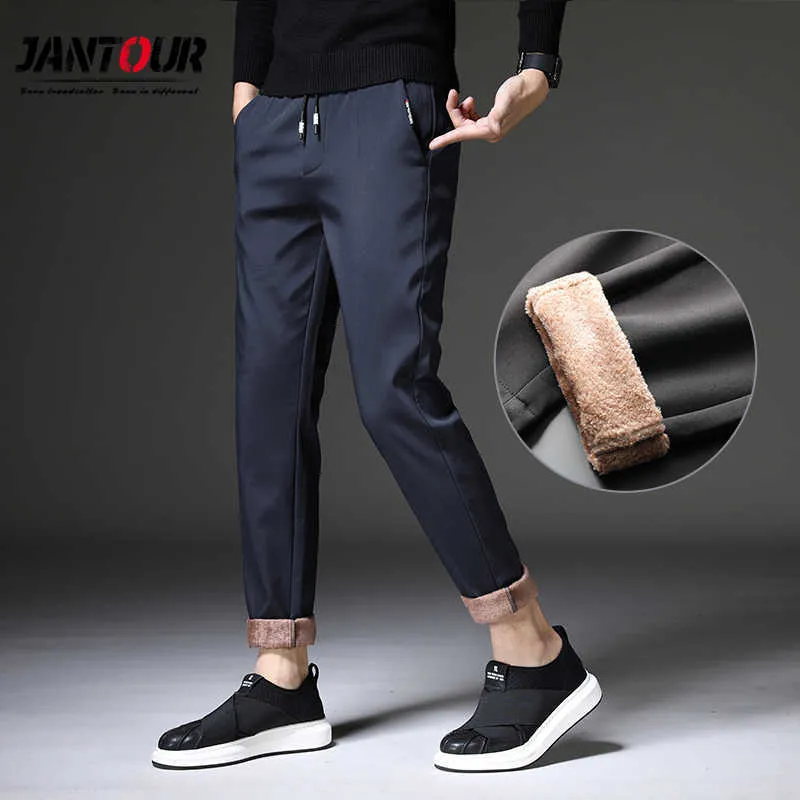 Мужская зимняя флис теплые брюки Мужчины корейские повседневные брюки тонкие теплые толстые брюки для мужчин мода черные серые брюки мужские 210930