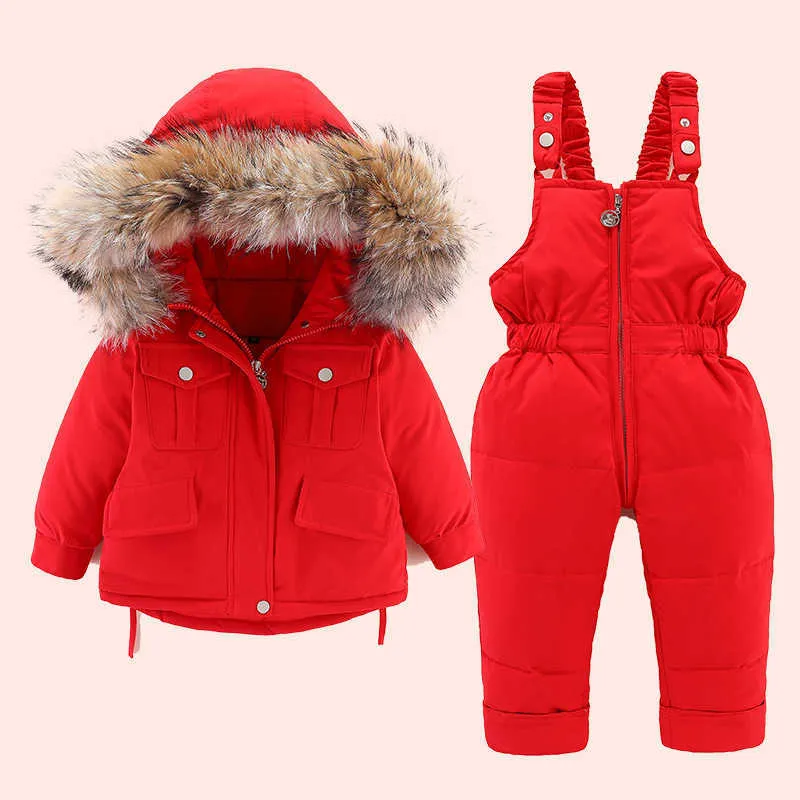 2021 Winter Down Jacket för flicka Kläder Kids Overaller Snowsuit Baby Boy Over Coat Toddler Nyår Kläder Ställ Parka Real Fur H0909