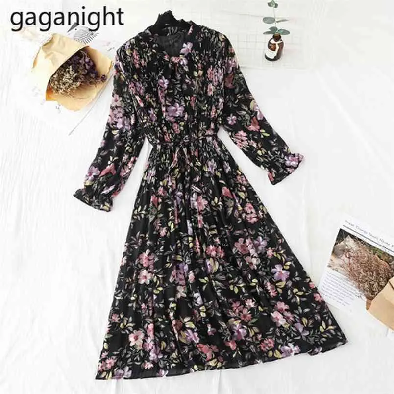 Élégant Slim femmes robes en mousseline de soie col rond nœud papillon manches Vintage Vestidos Floral Robe dames printemps 210601