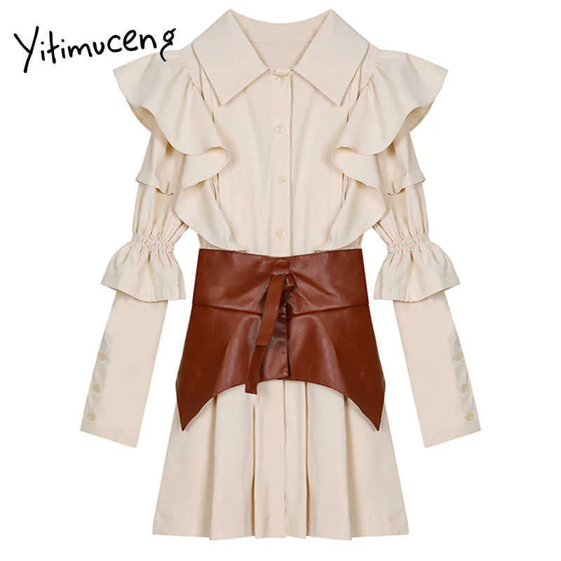 Yitimuceng volanté bord robes femmes A-ligne Mini solide printemps Flare manches col en v simple boutonnage vêtements bureau dame 210601