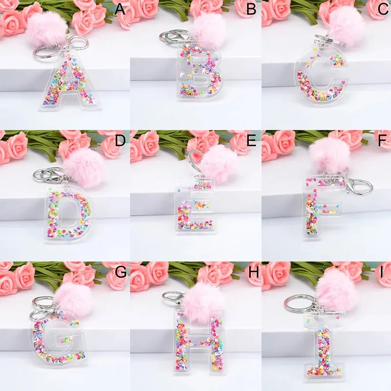 Pink Pompom Letter Keychains English Alphabet Key ring Ball Glitter Gradient Resin Cute Key Chains Rings Car Handbag Gifts