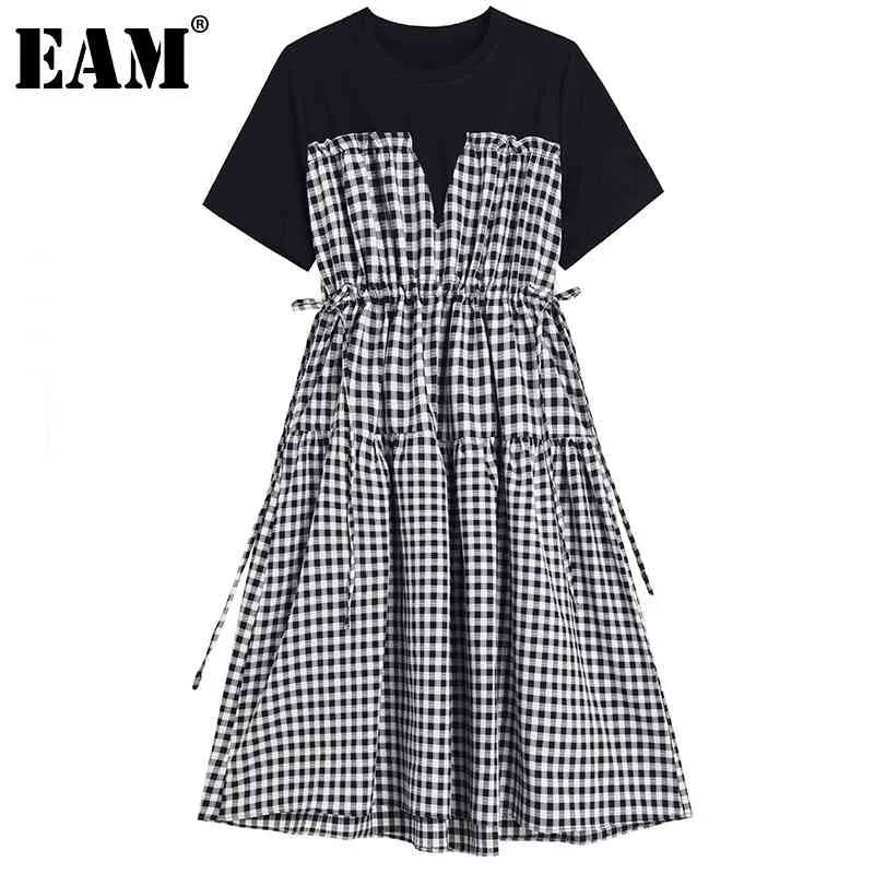 [EAM] Women Fake Two Pieces Spliced Plaid Bandage Pleated Dress Round Neck Short Sleeve Loose Fashion Spring Summer 1DD8501 21512