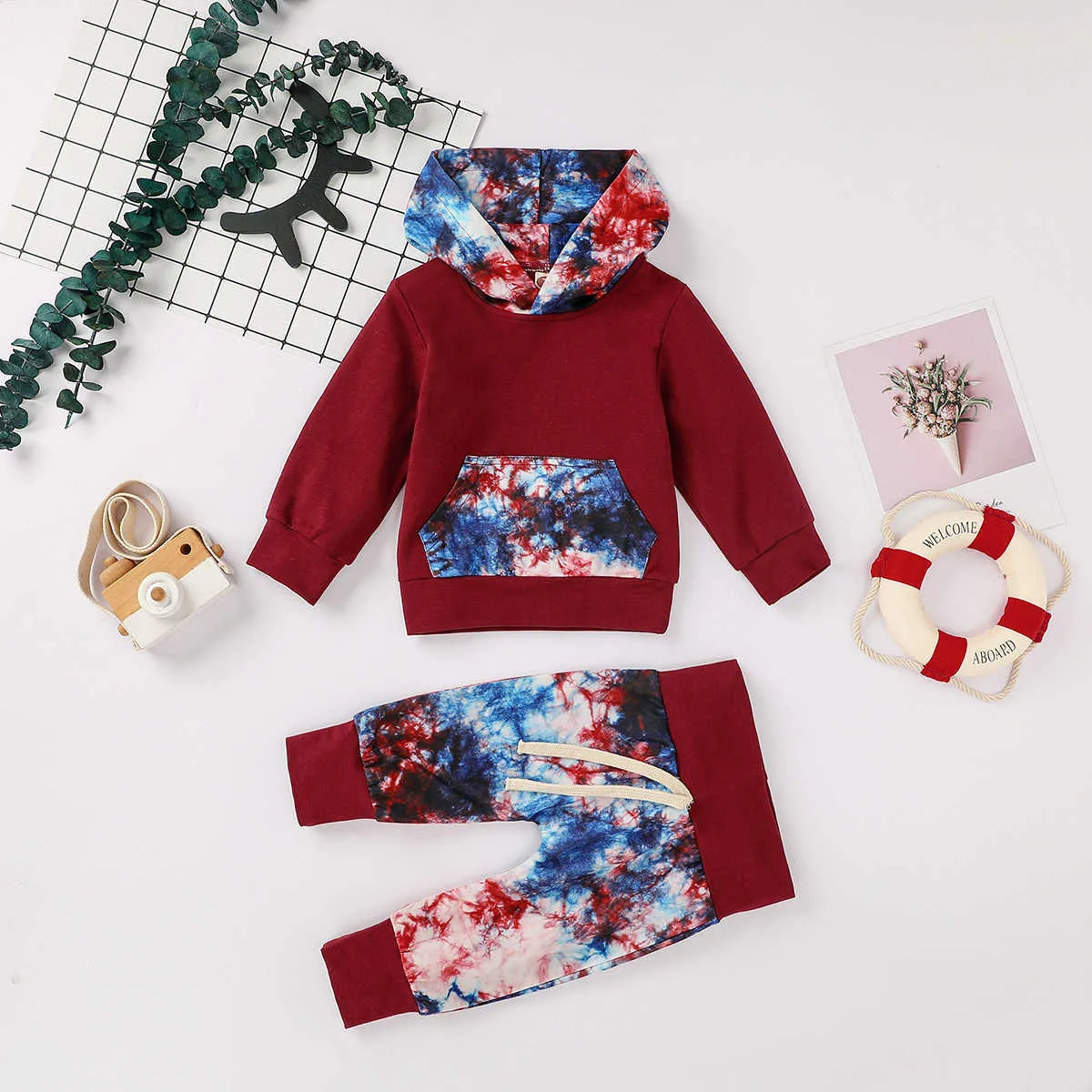 Bear Leader born Baby Girl Clothes Hooded Sweatshirt Tie-dye Pants 2pcs Outfit Cotton Baby Tracksuit Set Infant Boys Clothes 210708