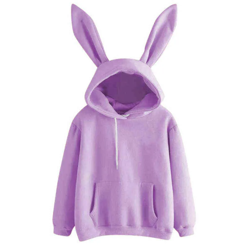 Autumn Winter Women Hoodies Kawaii Rabbit Ears Fashion Hoody Casual colors Solid Color Warm Sweatshirt For 220115