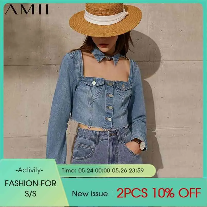 Minimalism Spring Summer Fashion Women's Denim jacket Causal Square Collar Full Sleeve Short Women Shirt Tops 12170075 210527